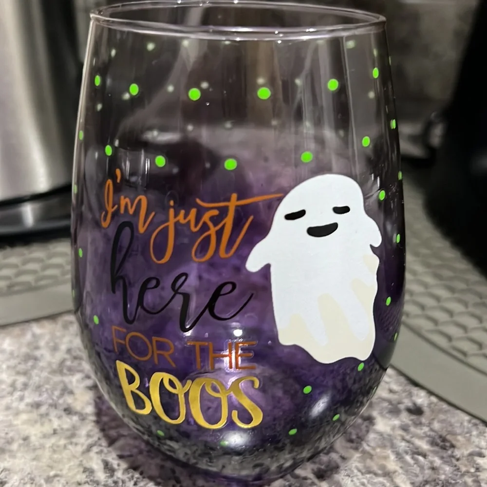 Halloween I’m Just Here For The Boos Ghost Holiday Humor Stemless Wine Glass
